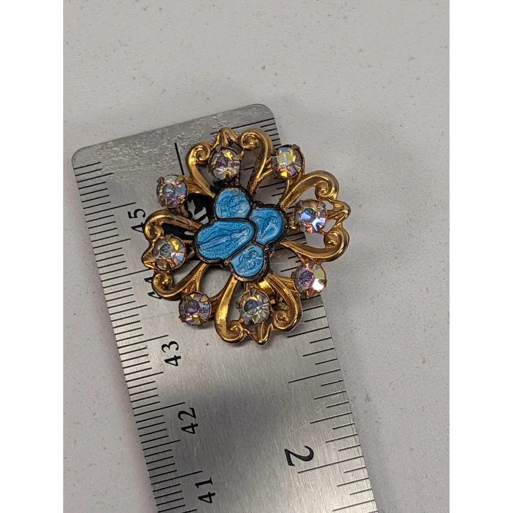 Vintage Religious Brooch Gold Tone Blue Enamel Aurora Borealis Rhinestone Pin